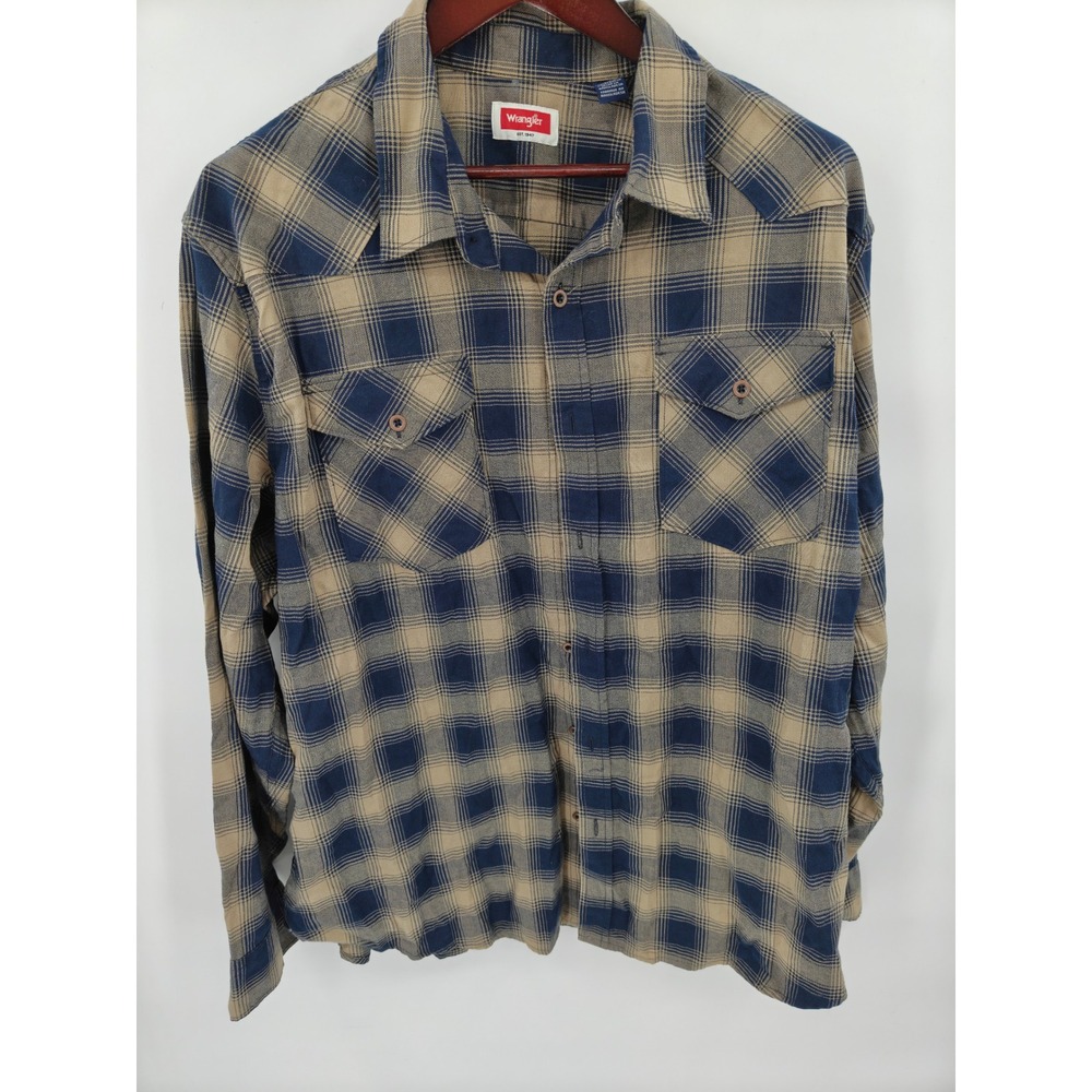 Wrangler Mens Blue Tan Plaid Herringbone Long Sleeve Button Down Shirt 2XL 3847